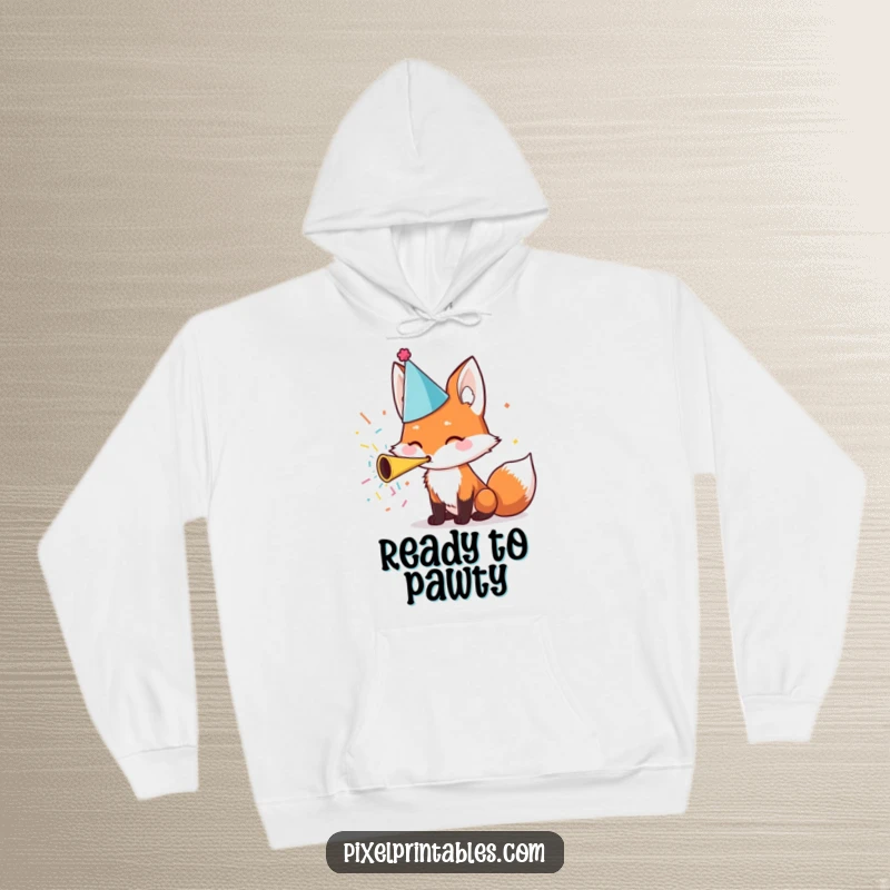 Funny Hoodie: A cute fox wearing a party hat enthusiastically blows a confetti horn, designed for cozy celebrations.