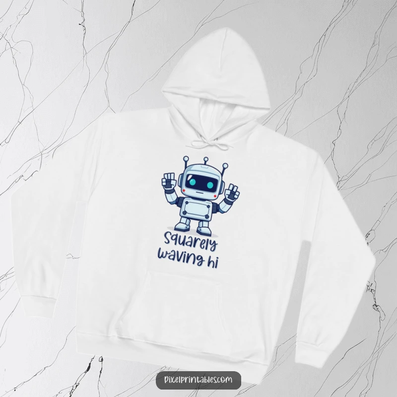 Funny, cozy hoodie featuring a pixelated robot enthusiastically waving with square hands, perfect for warm, retro greetings.