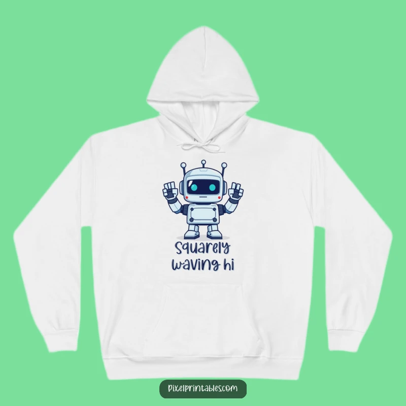 Funny Pixel Robot Waving Hoodie - Cozy Retro Vibes Gift!