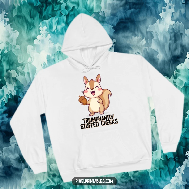 Funny pixelated squirrel triumphantly holding a pixelated acorn, joyful collector, retro pixel art hoodie, warm and cozy.