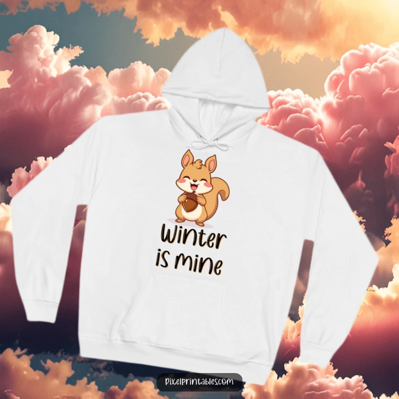 Funny pixelated squirrel triumphantly holding a pixelated acorn from a cozy hoodie, a retro gaming design for joyful warmth.