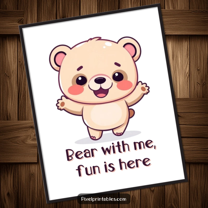 Funny Free Printable wall art: A giggling pixelated bear in the middle of a hilariously silly dance.