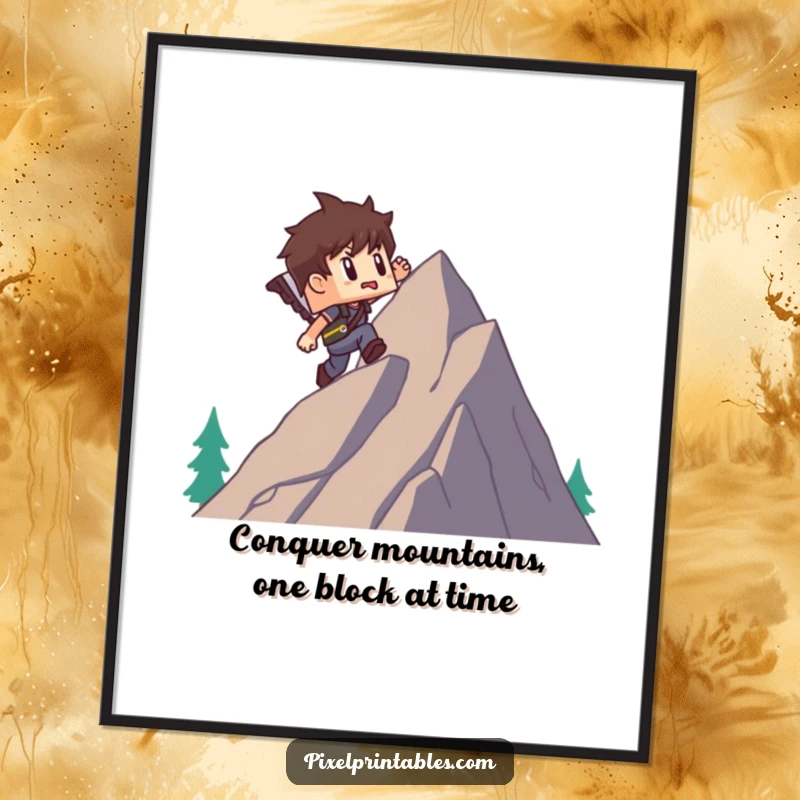 Funny Free Printable Wall Art: Determined blocky pixel adventurer ascends a retro game style mountain, DIY decor gift.