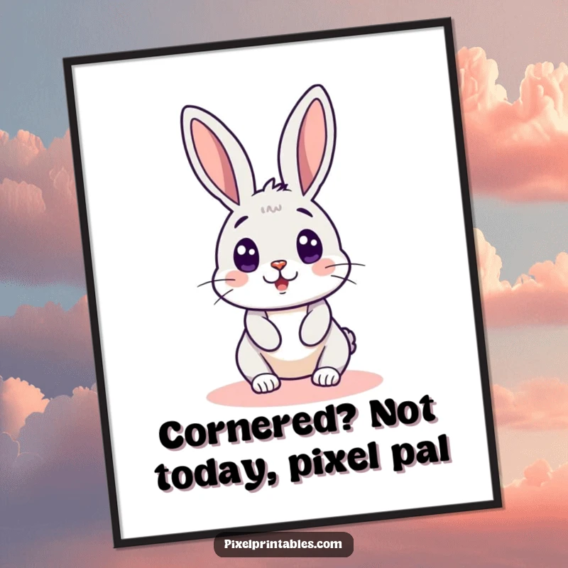 Funny Free Printable Wall Art: A surprised pixel rabbit peeks from behind a corner, retro video game pixel art.