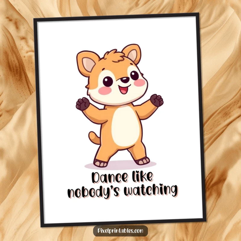 Funny Free Printable wall art: A happy pixelated animal with blocky limbs performing a hilariously silly dance.