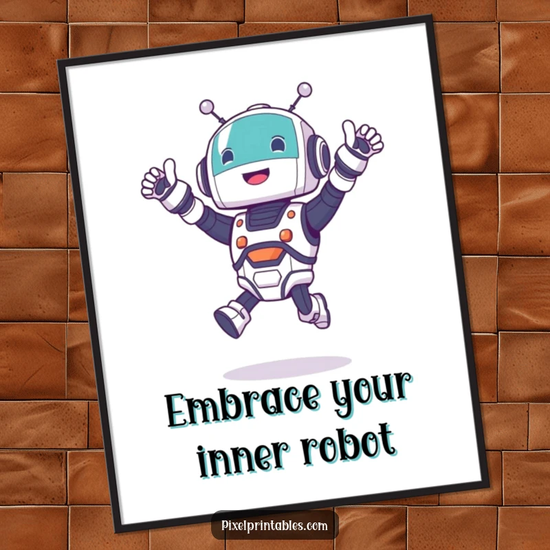 Funny Free Printable Wall Art: A cute robot character leaping and cheering, radiating positive, energetic vibes.