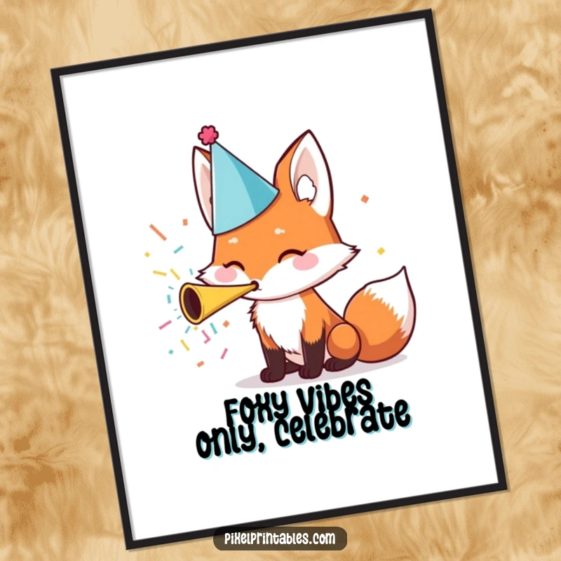 Funny Free Printable Wall Art featuring a cute fox in a party hat actively blowing a confetti horn, adding festive cheer.