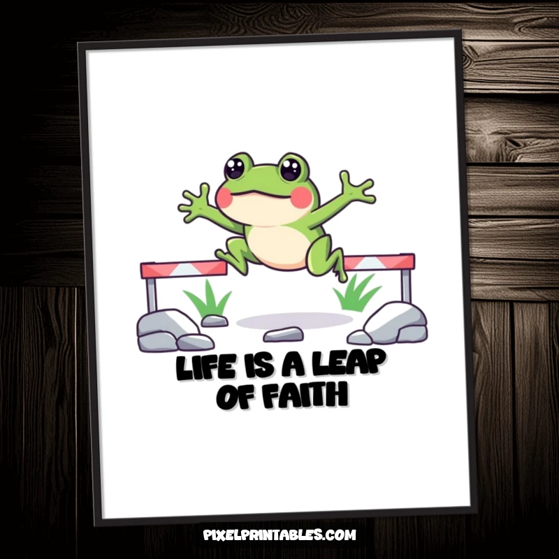 Funny Free Printable Wall Art: A cheerful pixelated frog leaping over various obstacles, adding dynamic fun to your space.