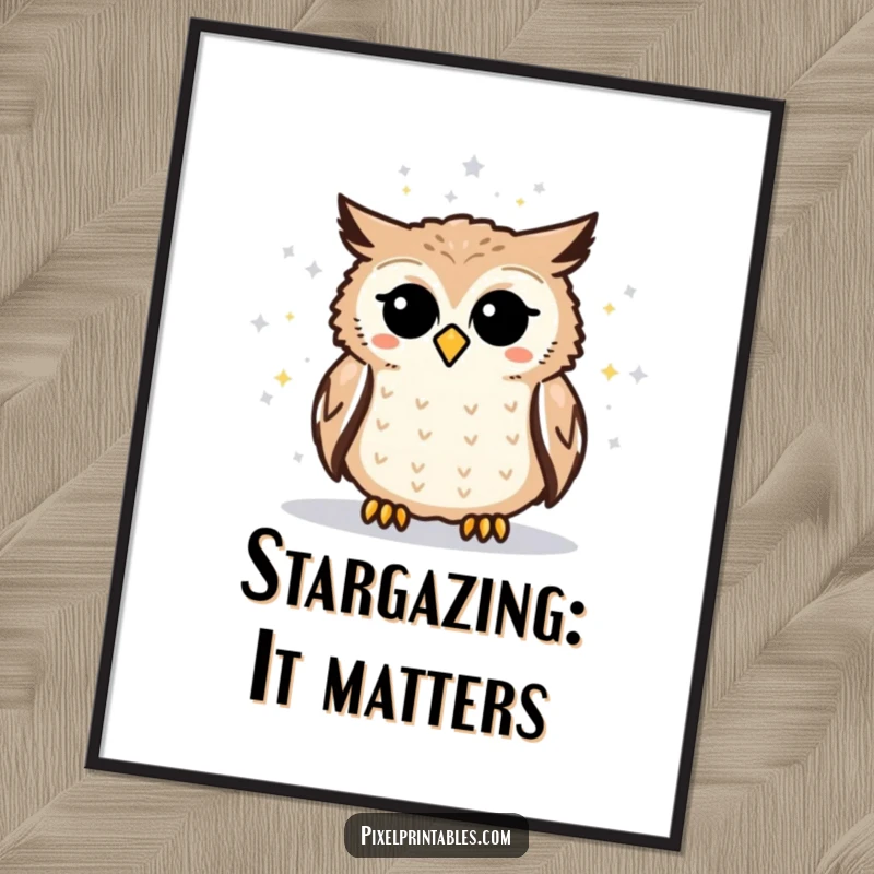 Funny Free Printable Wall Art: A curious pixelated owl studies a detailed pixelated star map, perfect for quirky decor.