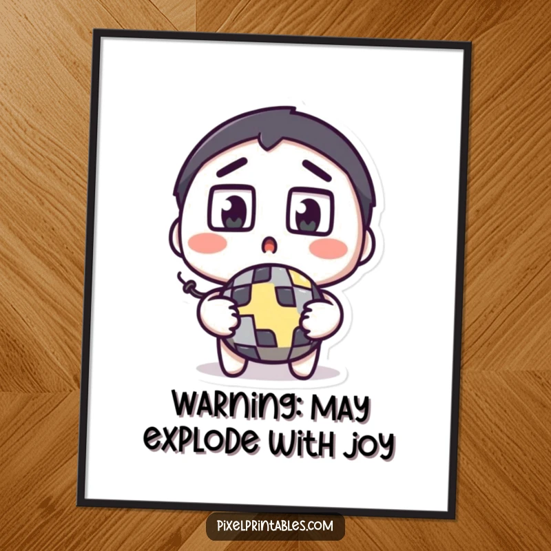 Funny Free Printable Pixel Bomb Wall Art: A surprised character with square eyes wide, holding a ticking pixelated bomb.