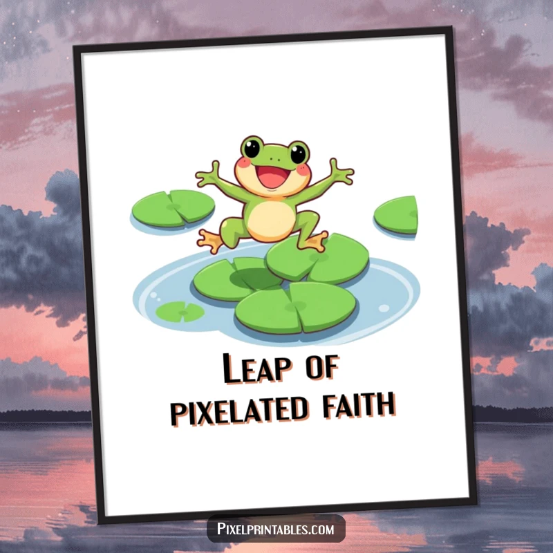 Funny Free Printable Wall Art: A vibrant pixelated frog character mid-leap over shimmering lily pads, bringing retro charm.