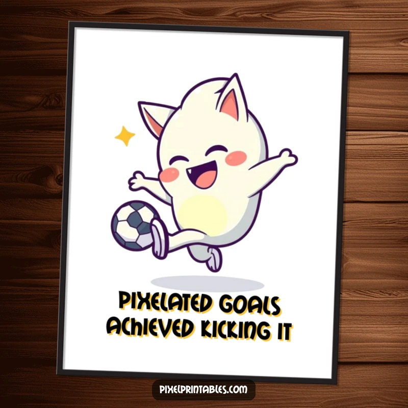 Funny Free Printable Pixel Kicking Art: Mischievous pixel character joyfully kicking a pixel ball, bringing retro vibes.