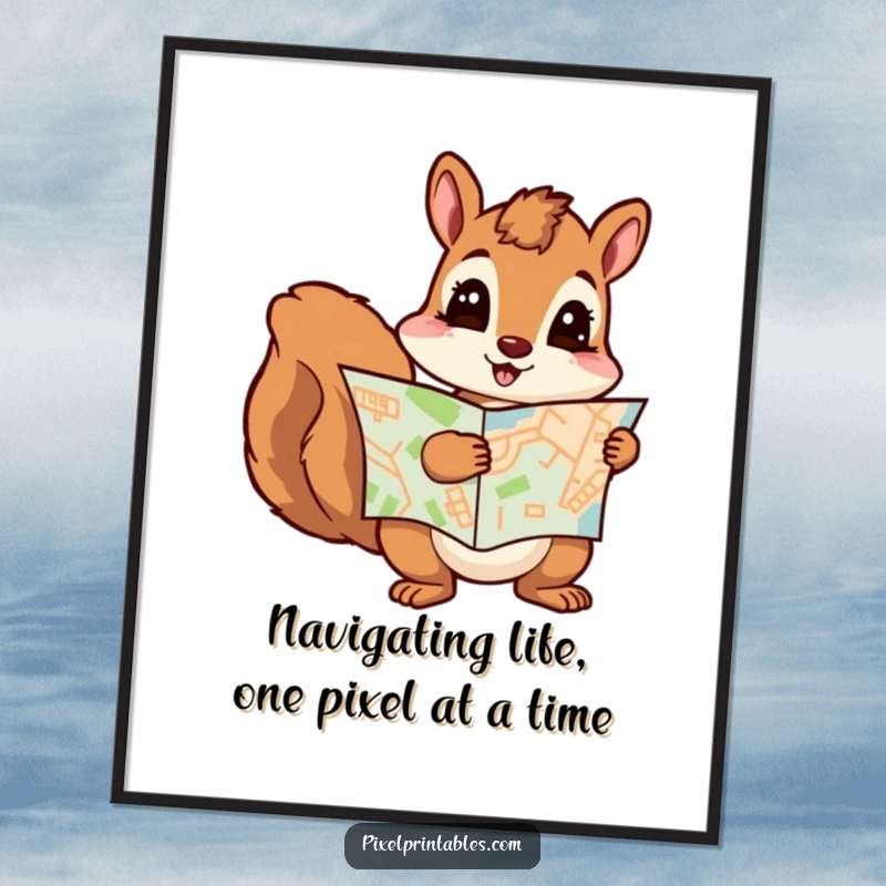 Funny Free Printable Wall Art: A curious squirrel studies a pixelated map, ready for an exciting adventure. Downloadable art.