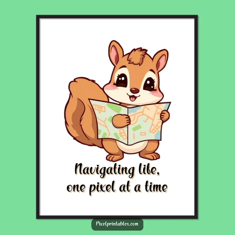 Free Printable Wall Art: Curious Squirrel Pixel Map Adventure Funny Downloadable Art