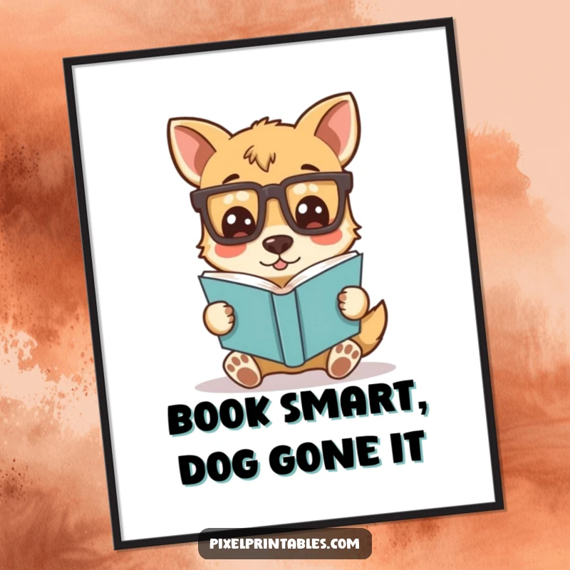 Funny Free Printable Wall Art: Silly dog character in pixelated glasses, engrossed in reading a book, creating humorous decor.