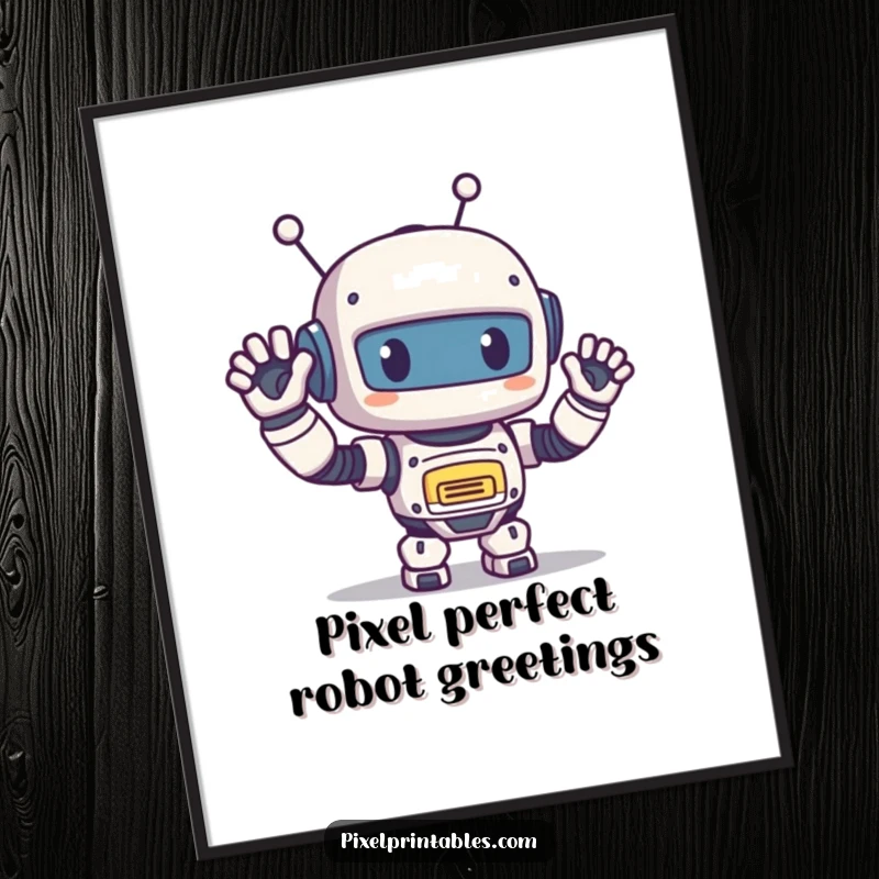 Funny Free Printable Wall Art: A cute pixelated robot waves happily, bringing retro charm to any room.