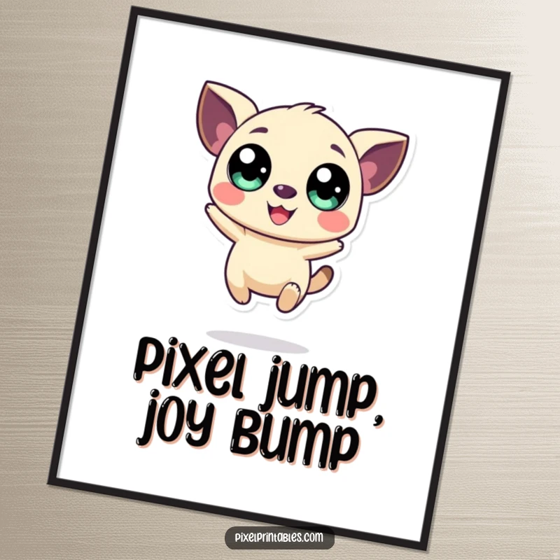 Funny Free Printable Wall Art: A stylized pixel creature with enormous eyes, caught mid-air in a joyous leap.