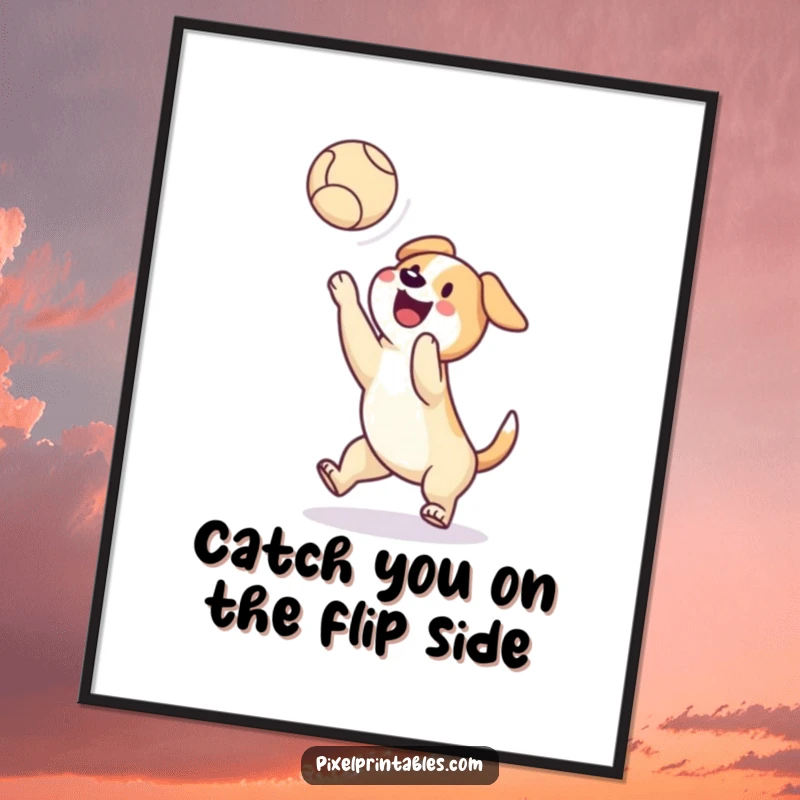 Funny Free Printable Wall Art: Happy pixelated dog catching a pixelated ball mid-air. Retro, downloadable decor for a playful atmosphere.