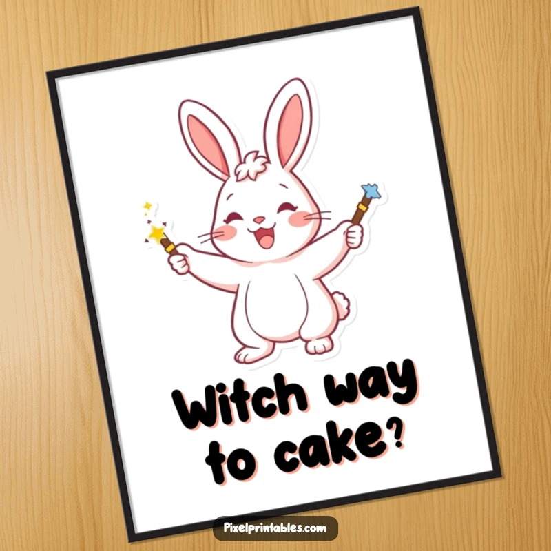 Funny Free Printable Wall Art: Happy rabbit character waving a pixelated magic wand, magical pixel art.