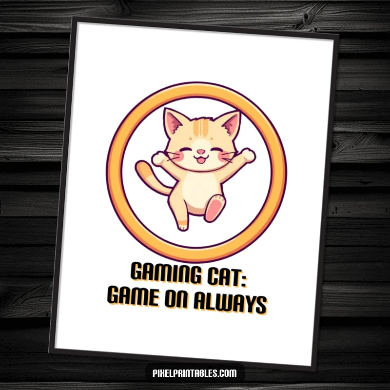 Funny Free Printable Wall Art: A cute pixelated cat leaping through a pixelated hoop, offering a nostalgic and playful piece of digital art.