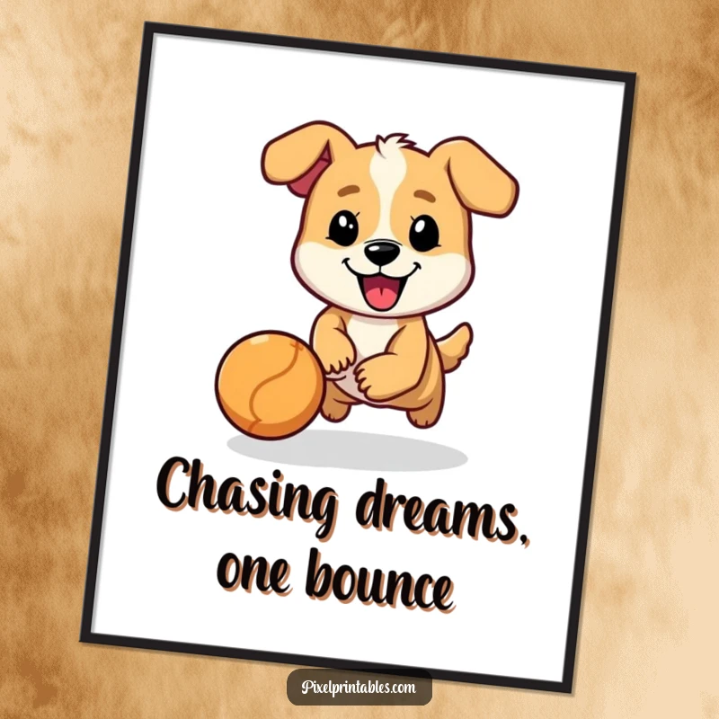 Funny Free Printable Wall Art: A cheerful pixelated dog character in dynamic motion, chasing a bouncing ball with excitement.