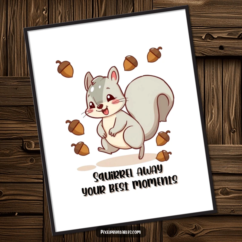 Funny Free Printable Wall Art: A cartoon squirrel comically dodges pixelated falling acorns, showcasing panic and agility.