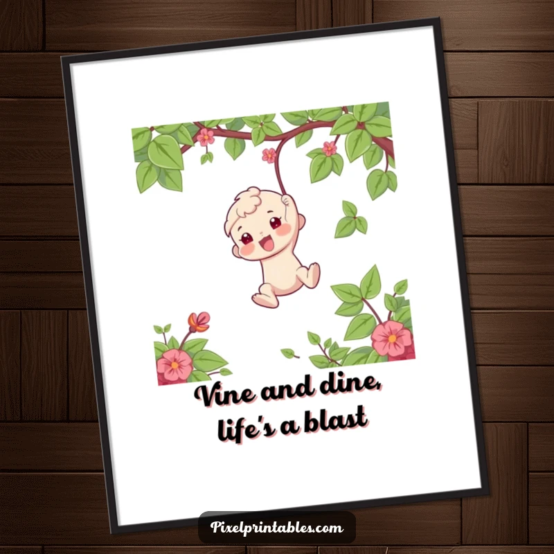 Funny Free Printable Wall Art depicting a character swinging wildly from a vine, exuding joy and playfulness.