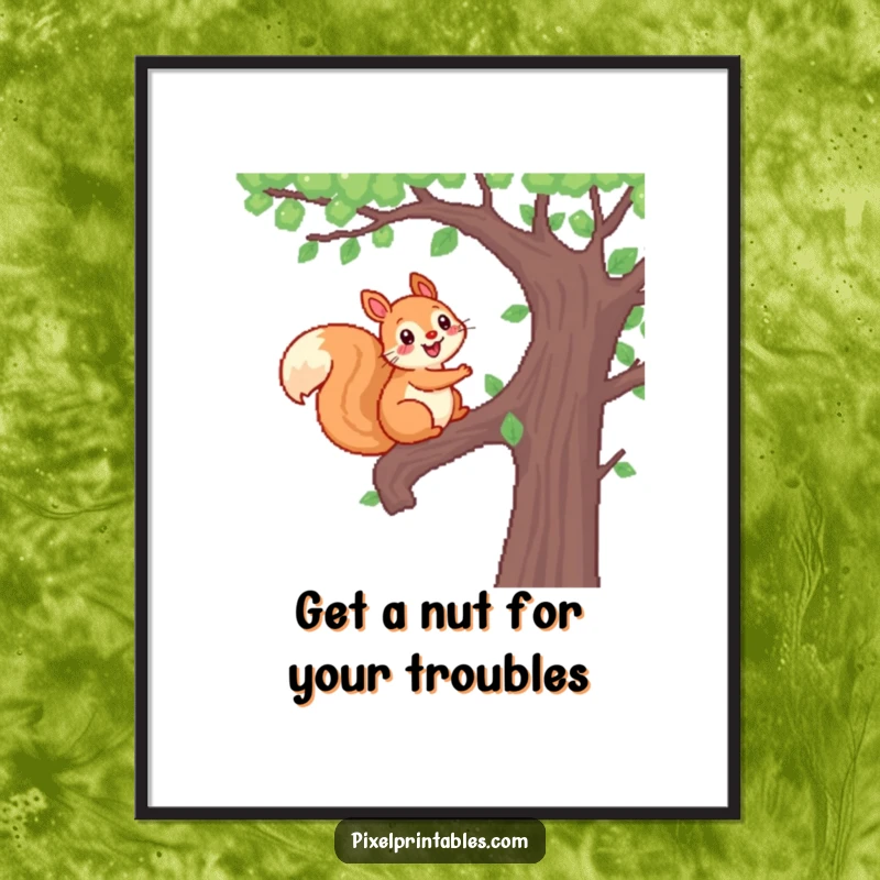 Funny Free Printable Wall Art: A cheerful pixelated squirrel is captured climbing a vibrant pixel tree.