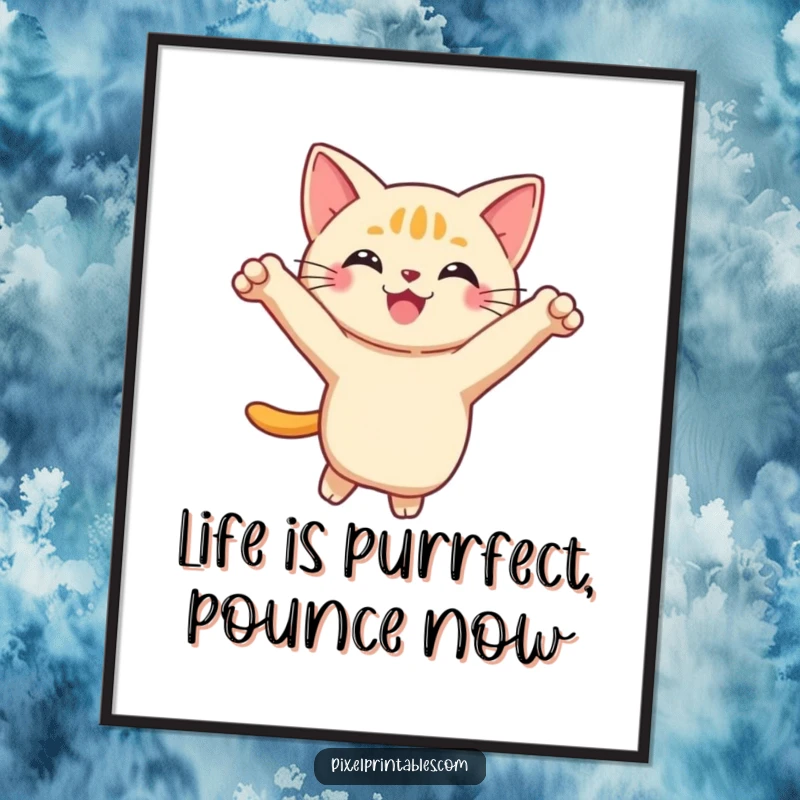 Funny Free Printable Wall Art: A smiling pixelated cat is caught mid-leap, adding playful energy.