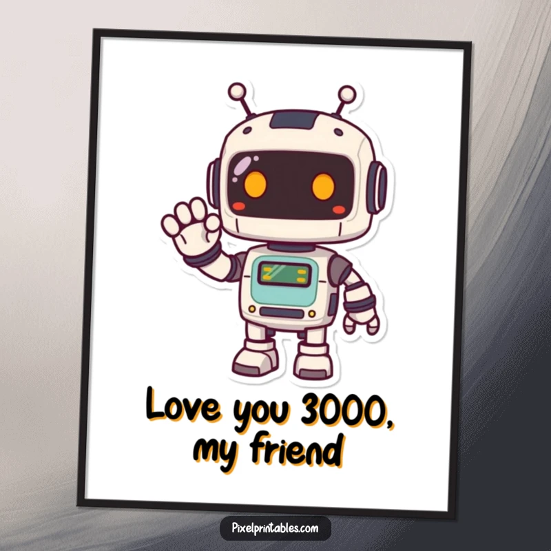 Funny Free Printable Wall Art: A cute pixelated robot waves cheerfully, bringing retro charm to your decor.