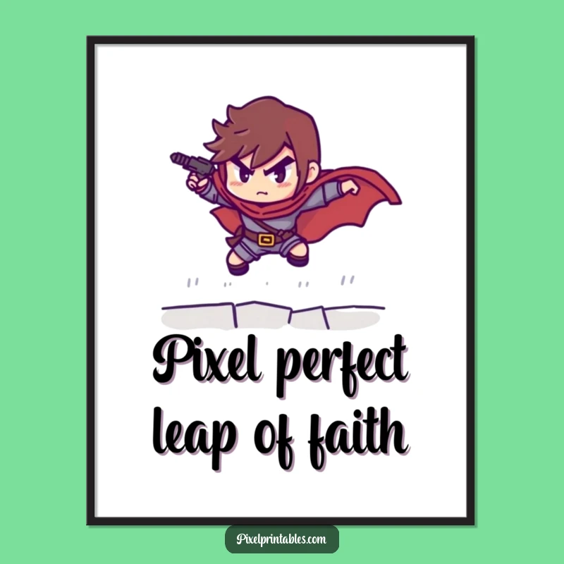 Free Printable Wall Art: Determined Pixel Hero Leaping, Funny Retro Downloadable