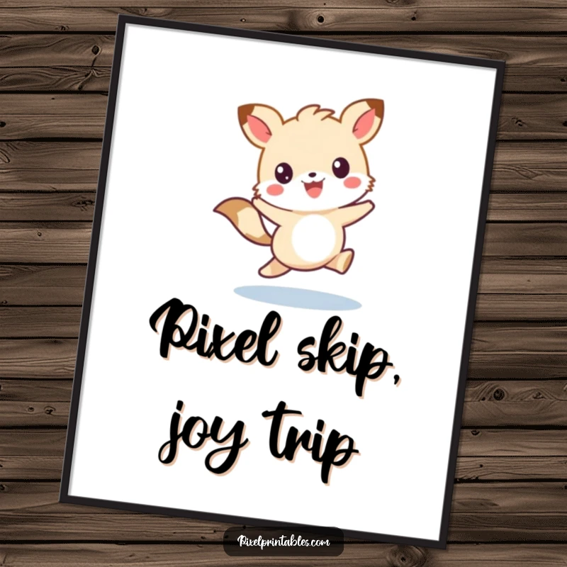 Funny Free Printable Wall Art: A cute pixelated animal character joyfully skipping with a smile.