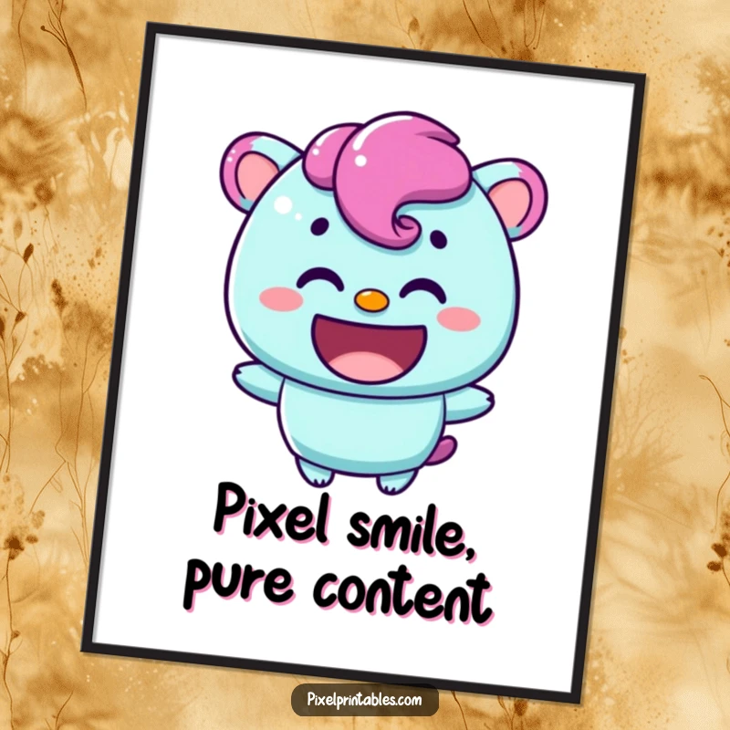 Funny Free Printable Wall Art: A content pixelated character depicted with a genuinely warm and inviting smile, spreading positivity.