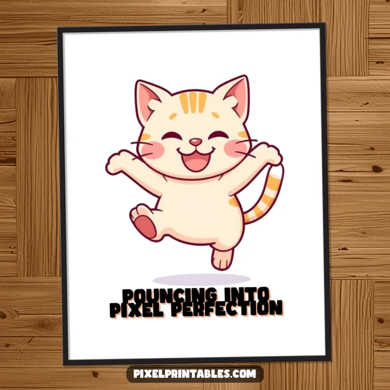 Funny Free Printable Wall Art: A smiling pixelated cat in mid-leap, adding a playful vibe to your room.