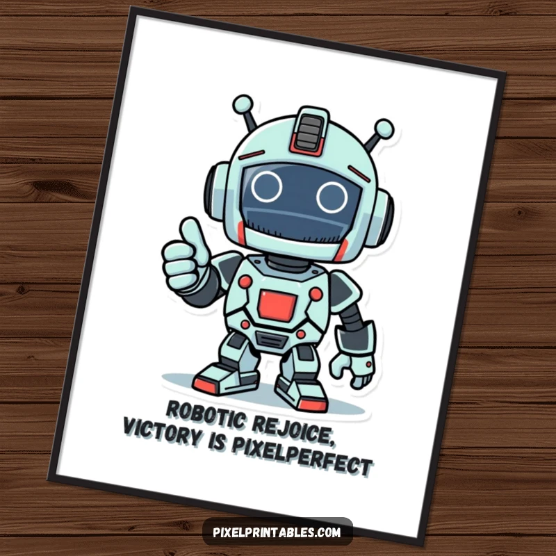 Funny Free Printable Wall Art: Triumphant pixelated robot giving a thumbs up, showcasing retro tech and positive vibes.