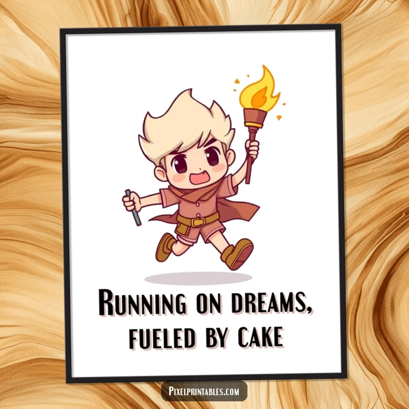 Funny Free Printable Wall Art depicting a determined character running with a flaming torch, symbolizing drive and humor.