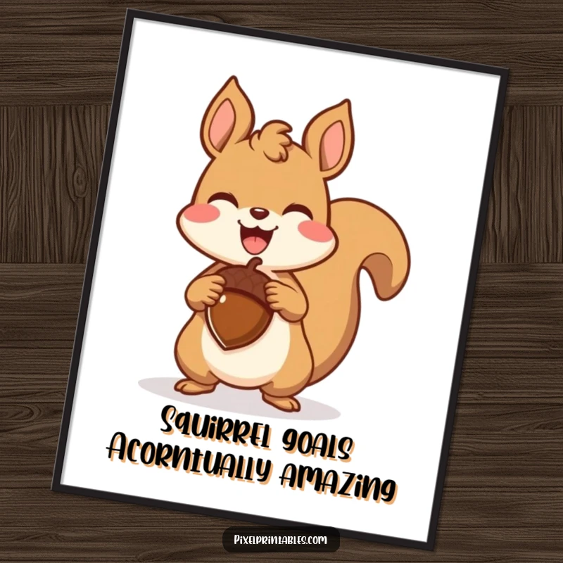Funny Free Printable Wall Art: A pixel squirrel holds a large pixel acorn triumphantly, radiating happiness, retro style.