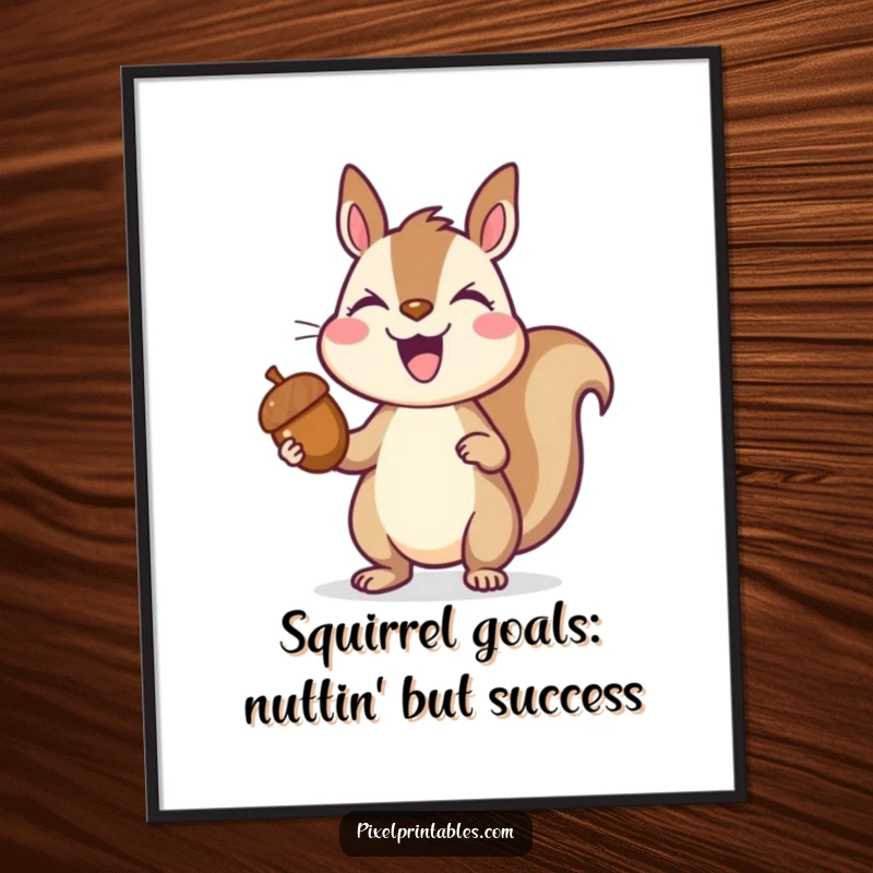Funny Free Printable Wall Art: A joyful pixelated squirrel holding a prized pixelated acorn triumphantly, embodying simple success.