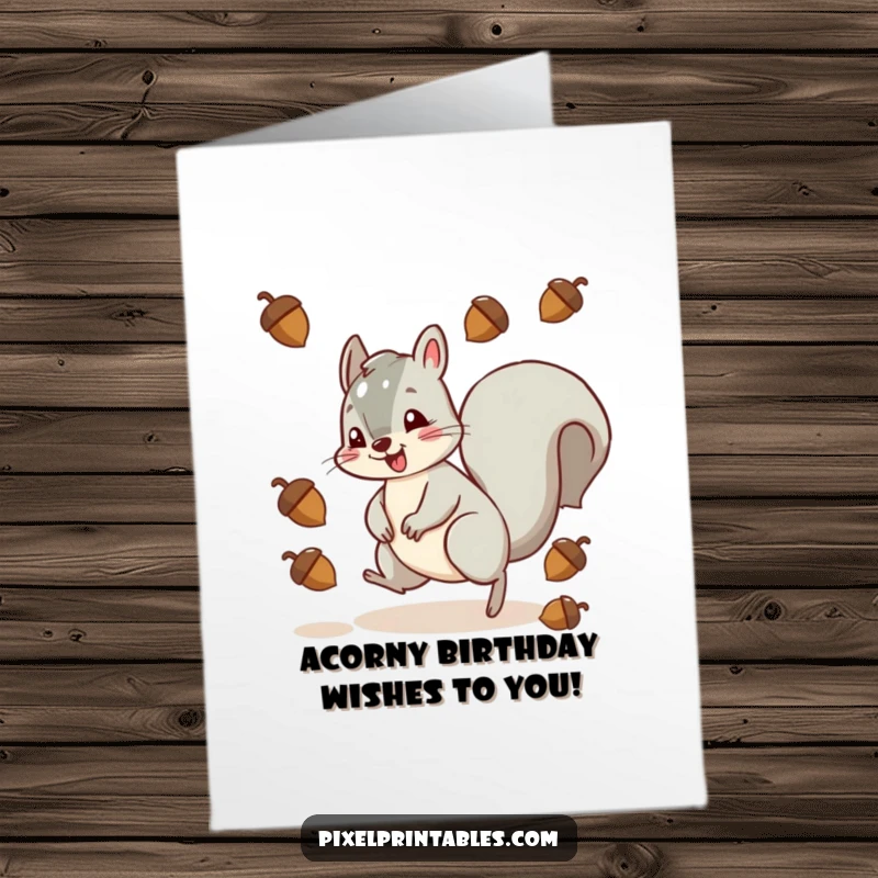 Funny Free Printable Birthday Card: A squirrel comically dodges pixelated acorns with a panicked expression, an instant laugh.