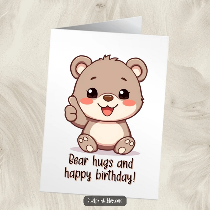 Funny Free Printable Birthday Card featuring a happy bear cub with pixelated fur giving a cool thumbs up.