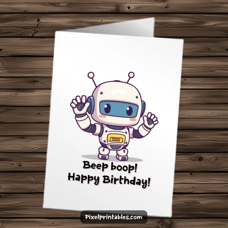 Funny Free Printable Birthday Card: A cute pixelated robot waves with a big smile, spreading birthday joy.