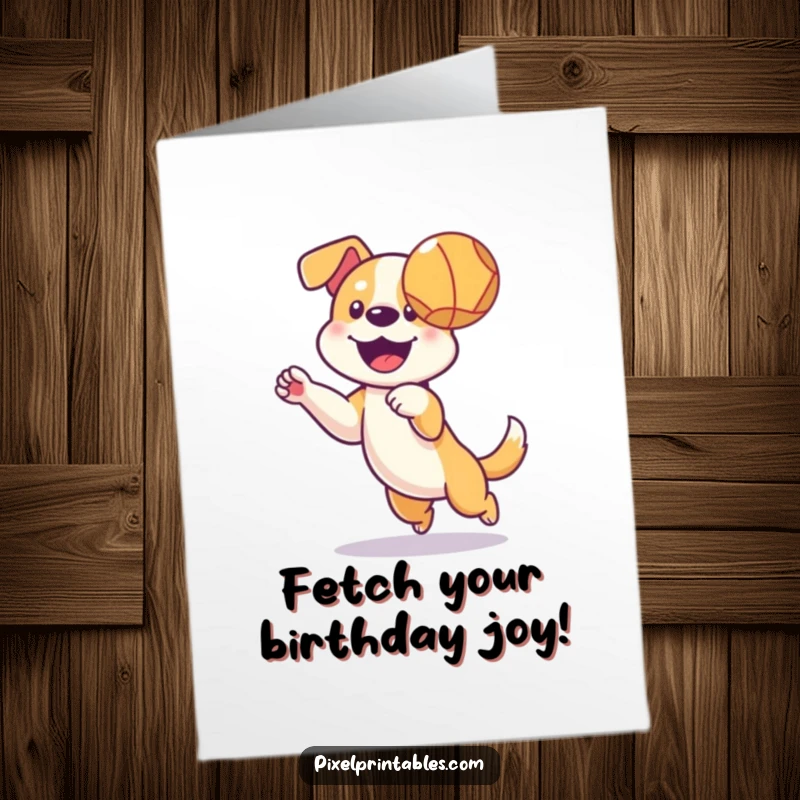 Funny Free Printable Birthday Card: A happy pixelated dog leaping to catch a pixelated ball mid-air, full of playful energy and retro charm.