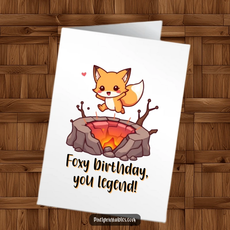 Funny Free Printable Birthday Card: Cute fox character bravely jumping over a pixelated lava pit.