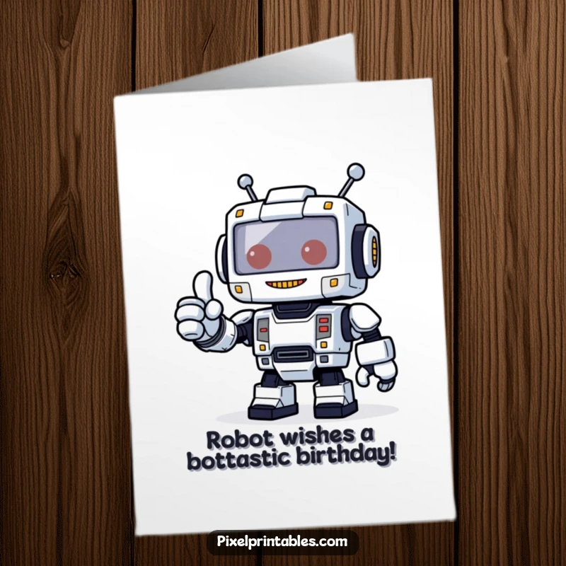 Funny Free Printable Birthday Card: A friendly blocky robot with pixel details gives a cheerful thumbs up.