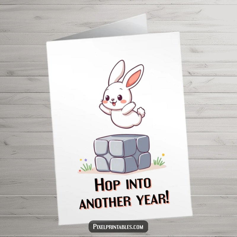 Funny Free Printable Birthday Card featuring a playful bunny mid-jump over a pixelated block, celebrating with energy.