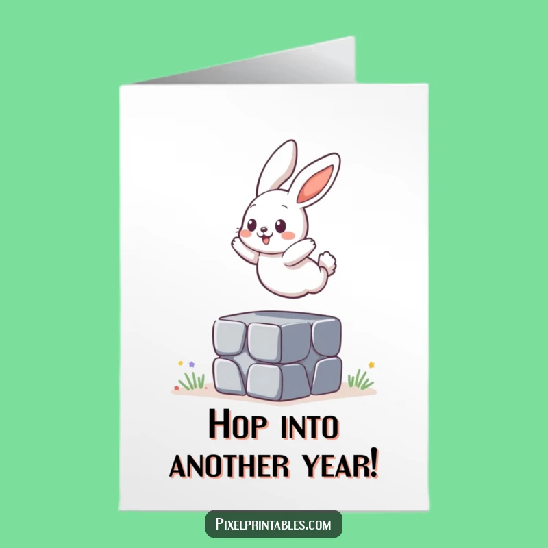 Free Printable Birthday Card: Bunny Jumps Pixel Block Funny Downloadable Gift