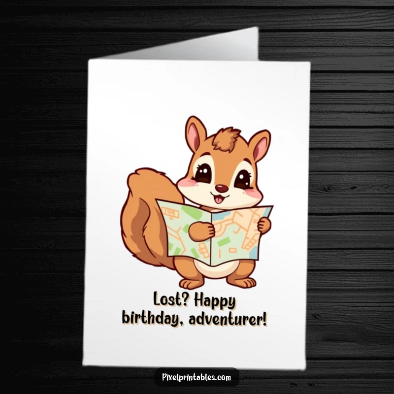 Funny Free Printable Birthday Card: A curious squirrel clutches a pixelated map, ready for an epic birthday quest. Downloadable art.