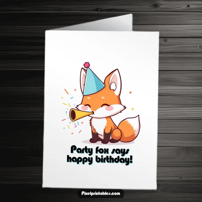 Funny Free Printable Birthday Card featuring a cute fox in a party hat joyfully blowing a confetti horn, ready to party.