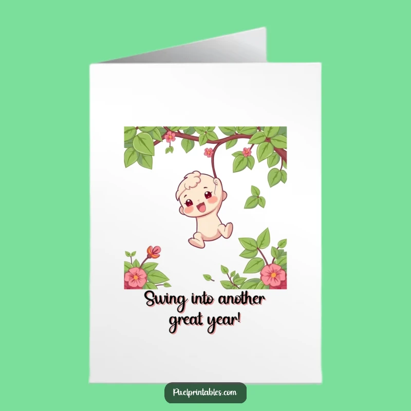 Free Printable Birthday Card: Funny Swinging Character, Downloadable Playful Gift