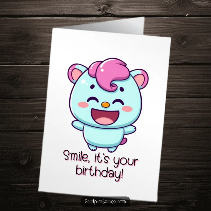 Funny Free Printable Birthday Card: A content pixelated character radiating happiness with a broad, warm smile, celebrating joyfully.
